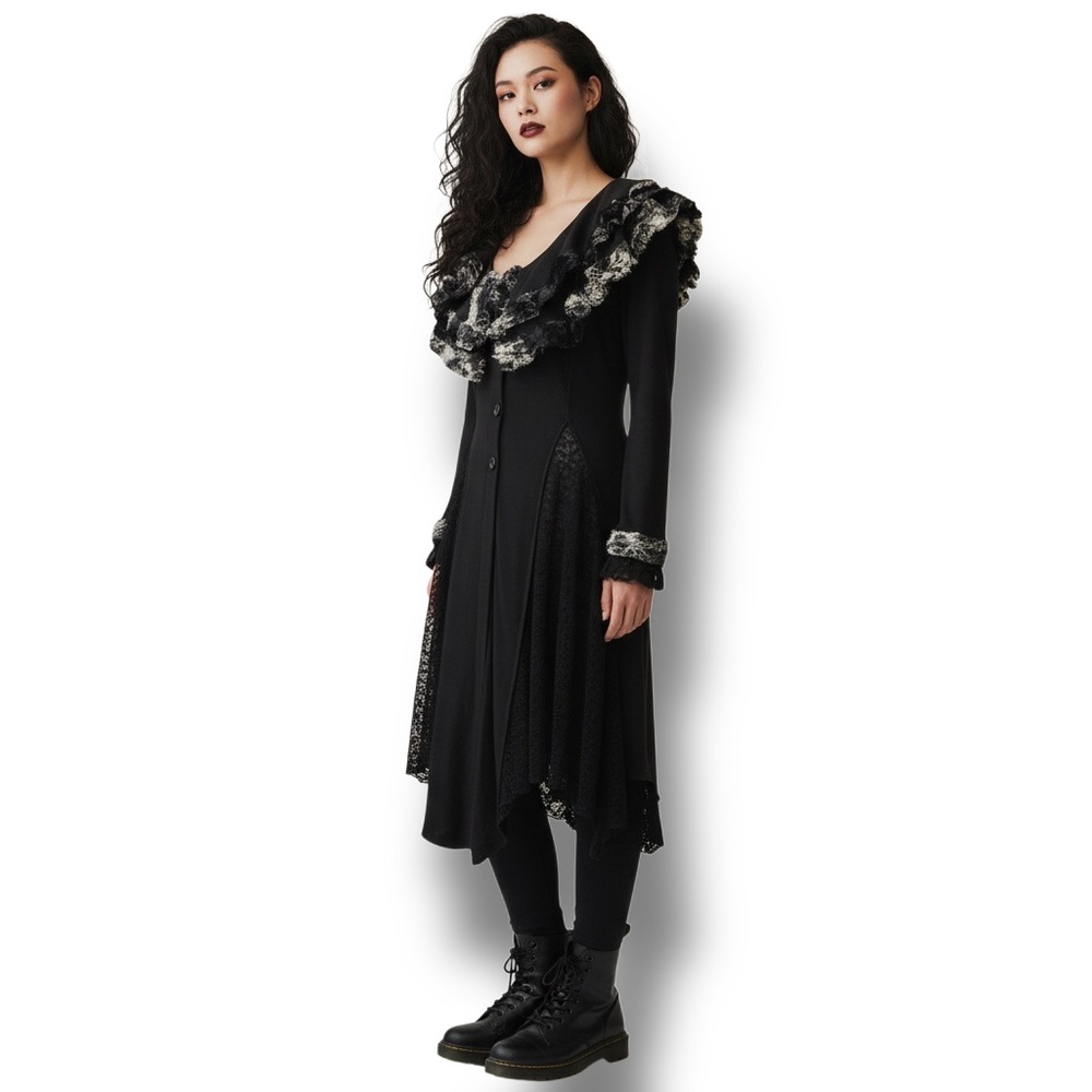 Joseph Ribkoff Women's Faux Fur Trim Duster Cardigan Glamcore Witchy Gothic 8 - Picture 9 of 9